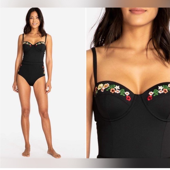 ✨ JOHNNY WAS Haley Floral Embroidery Corset One Piece Swimsuit ~Medium ~ Black - Picture 5 of 16